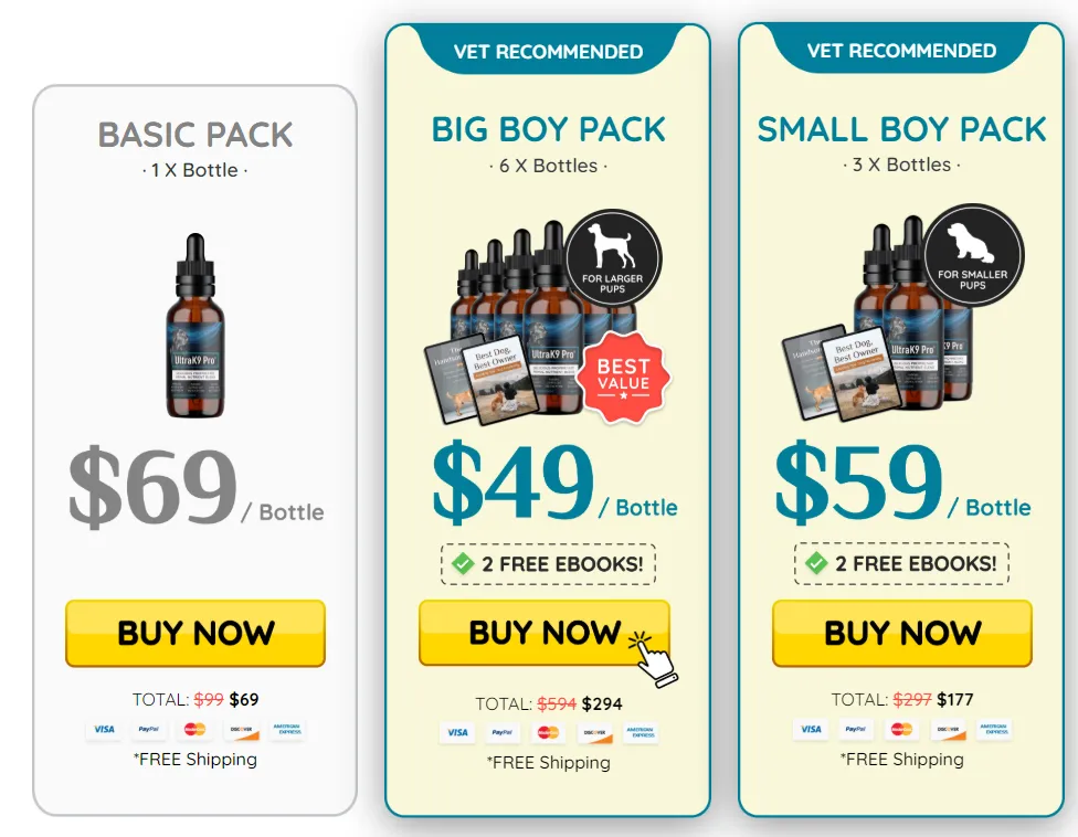 UltraK9 Pro 1 bottle 3 bottle and 6 bottle pricing packages